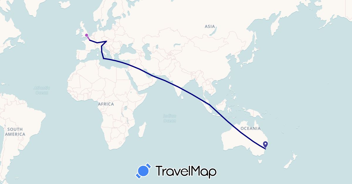 TravelMap itinerary: driving, train in United Arab Emirates, Austria, Australia, Switzerland, France, United Kingdom, Italy, Singapore (Asia, Europe, Oceania)